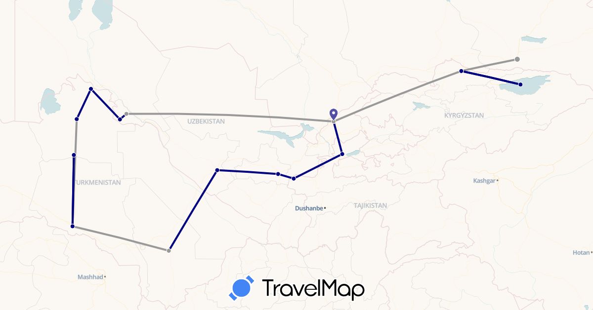 TravelMap itinerary: driving, plane in Kyrgyzstan, Kazakhstan, Tajikistan, Turkmenistan, Uzbekistan (Asia)